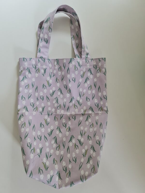 Handmade tote bag in cotton print in lavender color with flowers. One of kind, high quality bags.